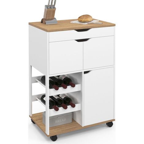 Credenza da cucina COSY con armadietti e portabottiglie in legno e bianco (1/5)