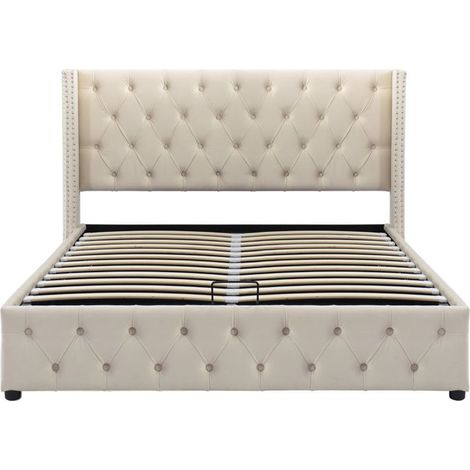 Lit rembourré hydraulique - 140x190 cm - Velours beige - Sommier inclus - Capacité 300 kg
