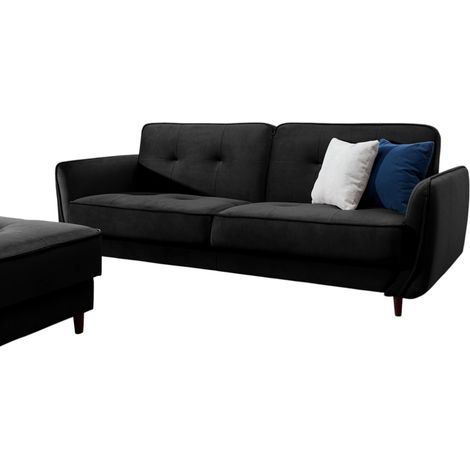 Canapé 3 places convertible en velours BOZA - Pieds bois noir-Noir (1/5)
