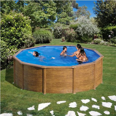 GRE – Piscine hors sol imitation bois circulaire 460x120 – Paroi en tôle d'acier galvanisé – Échelle de sécurité incluse – Filtration à sable 4 m3/h
