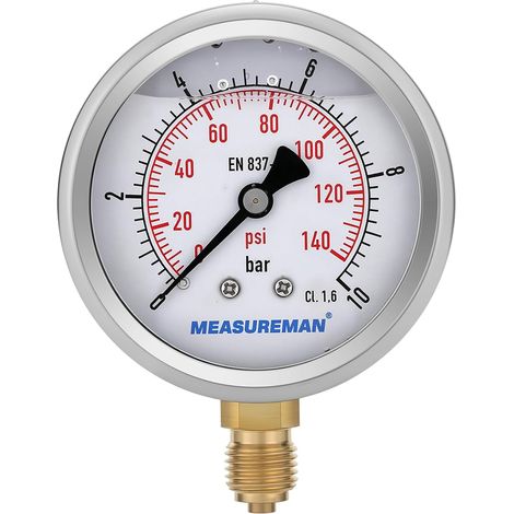 Pressure gauge, Glycerine pressure gauge, 2.5 inches, 0-10 bar, 304 stainless steel housing, 1/4" BSP bottom connection (1/5)