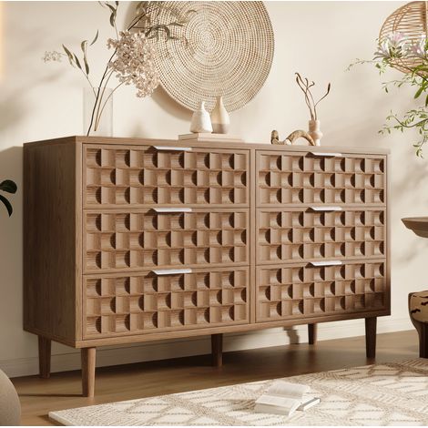 Aparador 120 x 37 x 77 cm, cómoda de 6 cajones con tiradores metálicos, estilo mid-century, acabado roble (1/5)