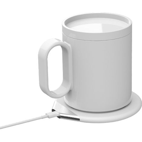 Kaffeetassenset von Chigoods mit Warmhalteplatte und kabellosem Ladegerät für Smartphones, intelligenter Becher mit Deckel, konstante Temperatur von 55 Grad, USB- oder 230-V-Stromversorgung, weiß