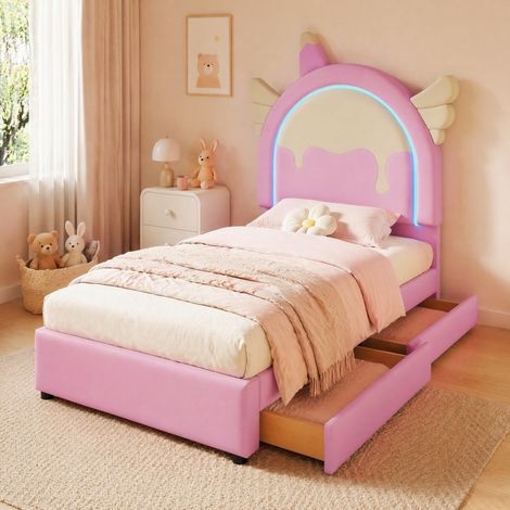 Cama infantil 90x200 cm en cuero regenerado rosa, con forma de unicornio, tira LED multicolor y 2 cajones, sin colchón, ideal para dormitorio juvenil  CHICFURN (1/5)