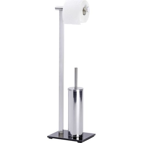 WENKO Combiné WC 2en1, Brosse WC et dérouleur papier toilette, Lava, acier inox - verre trempé, 21x17x71 cm, brillant - noir (1/5)