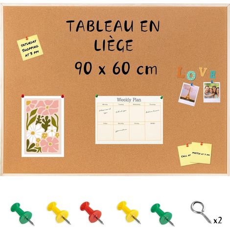 Tableau Panneau Affichage Liège avec Cadre en Bois 90 x 60 cm