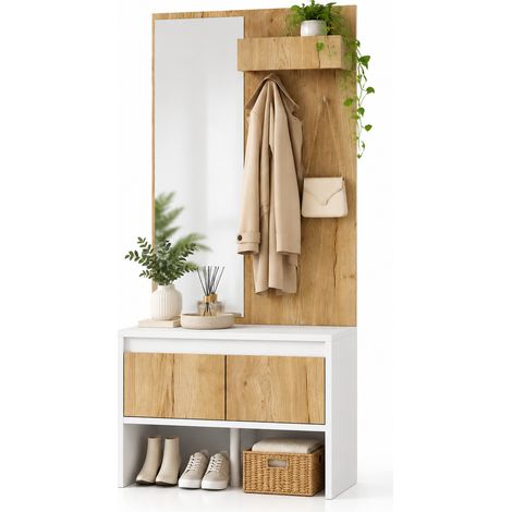 FurnitureR Meuble à chaussures blanc et bois avec miroir, banc, crochets, 2 tiroirs et éclairage LED, largeur 60 cm (1/5)