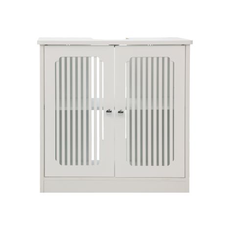 Meuble sous vasque blanc à 2 portes avec façade à lamelles et étagère réglable (1/5)