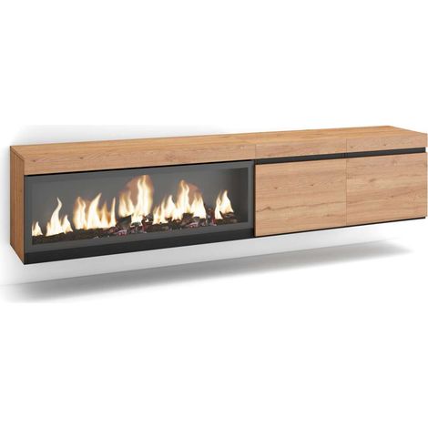 Mueble TV Istán-01 de 208x45x35 cm con chimenea y luces LED, suspendido, color roble (1/4)