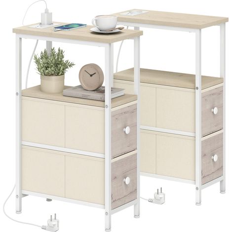 Ensemble de 2 tables d'appoint étroites avec prise secteur, port USB, port USB-C et 2 tiroirs, revêtues de tissu naturel.