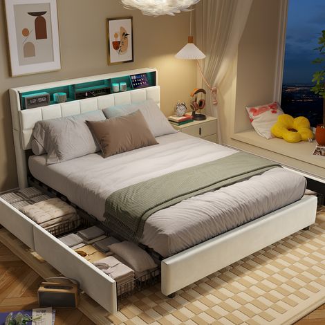 CJHXE Cama tapizada de 140 x 200 cm, cama con 4 cajones, cama de matrimonio con iluminación LED, cabecero con puerto USB y Type-C, somier de láminas