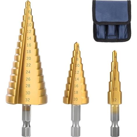 Foret étagé HSS titane 3 pièces – 4/12/20/32 mm, tige hexagonale, pour perçage précis sur acier, laiton, bois et plastique (1/5)