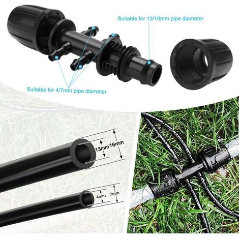 Connettore a T nero a 6 pezzi da 13/16 mm a 4/7 mm con attacco a barb, raccordo per tubo di irrigazione a 6 vie, connettore per irrigazione a goccia a 6 vie per giardino e prato (1/4)