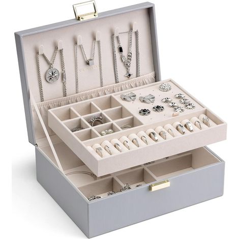 Grande boîte à bijoux à 2 étages pour femme, plateau à bijoux amovible pour collier, boucles d'oreilles, bagues, bracelets, boîtes à bijoux pour femme (1/5)