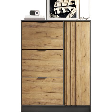 Meuble à chaussures en MDF 100 x 30 x 130 cm, 3 compartiments basculants, 1 porte, naturel et noir (1/5)