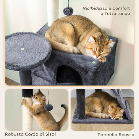 Arbre à chat gris 140 cm, 2 cabanes, hamac et coussin moelleux pour 2-3 chats, revêtement en peluche douce.