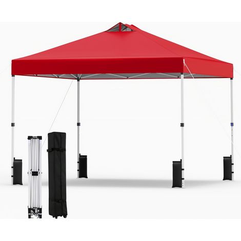 3 x 3 m roter Faltpavillon mit Sandsäcken und Heringen