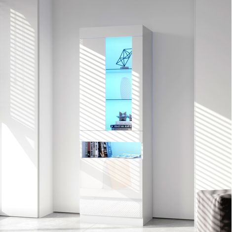 Vitrina de aglomerado blanco 50x40x180 cm con LED USB, frente brillo y 2 baldas de vidrio (1/5)