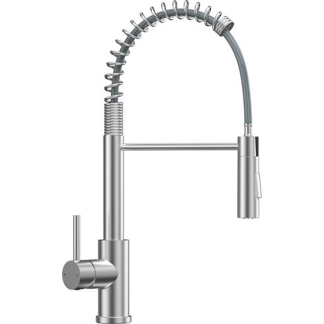 Anycee Max Grifo mezclador de cocina de acero inoxidable cepillado con resorte y rociador extraíble, grifo para fregadero giratorio 360°