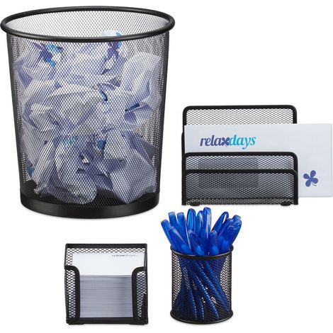 Relaxdays Schreibtisch Organizer 4er Set Metall, Schreibtisch-Set, Ablage, Zettelbox, Stifteköcher, Mülleimer, schwarz (1/5)