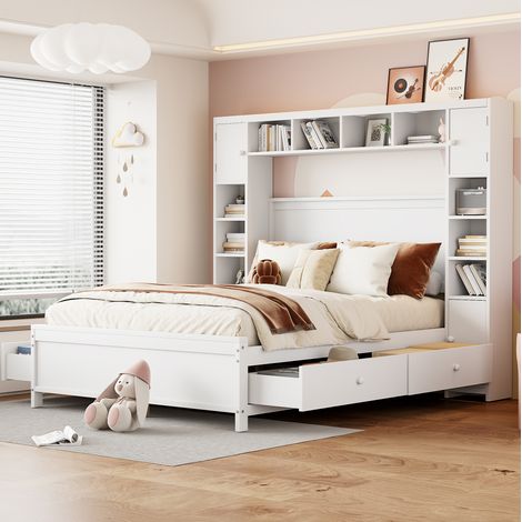 Cama con espacio de almacenamiento de madera maciza blanca 140x200 cm con 4 cajones, armario integrado y somier de láminas (1/5)
