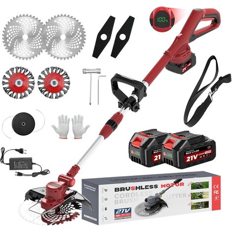 Débroussailleuse avec batterie 21 V - Avec brosse anti-mauvaises herbes - Moteur sans balais de 750 W - Collapsible à 180 ° - Hauteur télescopique : environ 95 cm - 145 cm - Angle de coupe (1/5)