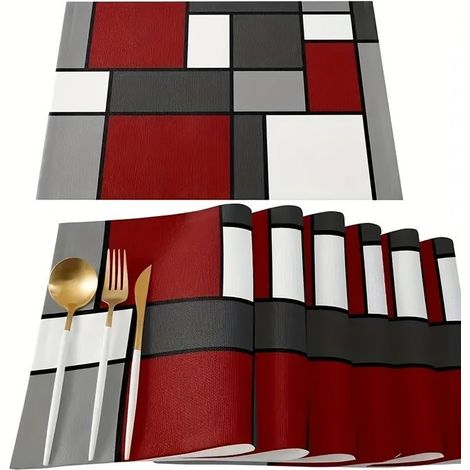 Ensemble de 6 sets de table luxueux — Résistants à la chaleur, motif géométrique abstrait rouge vif durables. (1/5)