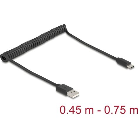 Delock Cable USB 2.0 en espiral USB Tipo-A macho a USB Type-Câ¢ macho 0,45 m a 0,75 m negro