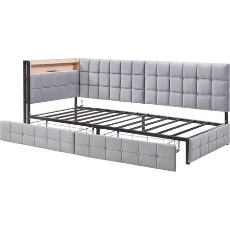 Cama capitoné 90 x 200 cm gris con 2 cajones, iluminación LED y puertos USB Tipo-C (1/5)