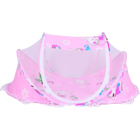 Lit bébé pliable anti-moustiques avec oreiller et matelas en coton - Fournitures pour bébé pour la maison et l'extérieur (Rose) (1/5)