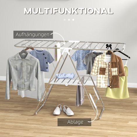 Étendoir à linge pliable HOMCOM, surface de séchage 1,48 m, poteaux réglables, séchoir à ailettes pour intérieur et extérieur, argent et blanc (1/4)