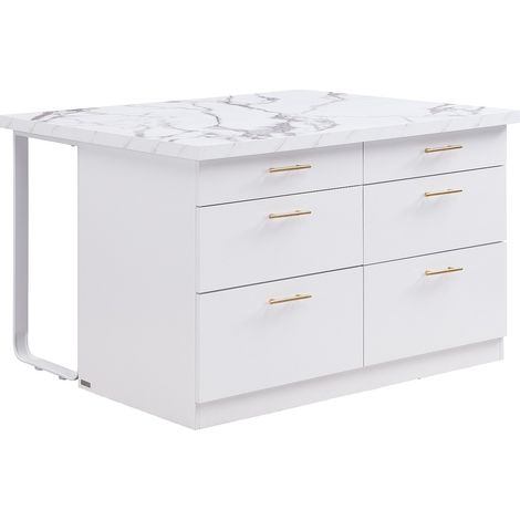 Vente-Unique – Ilot central de cuisine 126x104x80 cm – 6 tiroirs en MDF et métal – Finition effet marbre blanc – Charge max 75 kg
