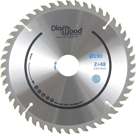 Diamwood – Lame de scie circulaire 190 mm – Alésage 30 mm – 48 dents carbure – Pour bois tendre, exotique, MDF, mélaminé – Norme EN 847-1