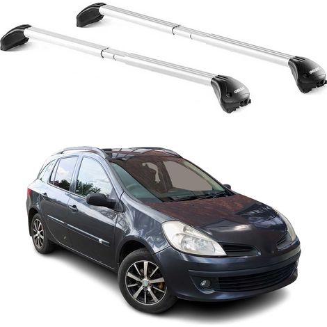 OMAC Barres de toit transversales certifiées TÜV pour Renault Clio III IV Break 2005-2019 – Verrouillables (4 antivols) – Charge max 100 kg – Sangle inox + protection caoutchouc Argent (1/4)