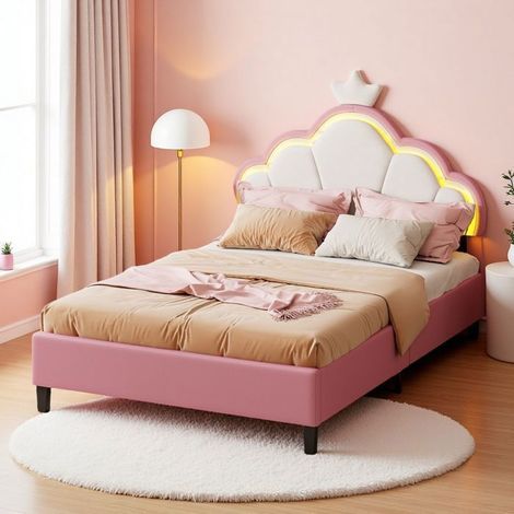 Cama Lit Princesa 140x200 - Corona Luminoso - Velours Resistente - Montaje Simplificado - 2 Plazas