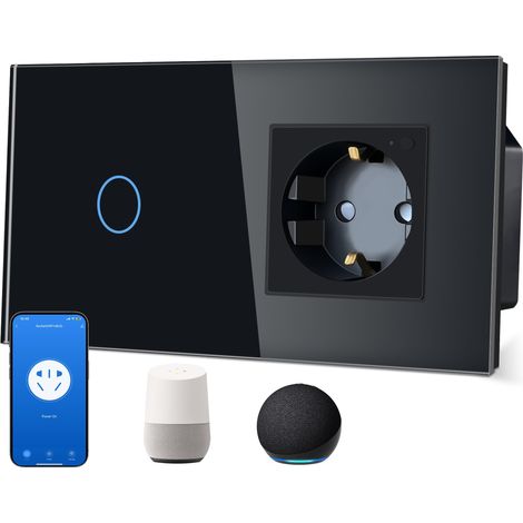 Interrupteur intelligent 1 compartiment 1 voie avec prise WiFi, 16 A, contrôle par application, cadre en verre, 86 x 157 mm, noir, Wi-Fi seulement 2,4 GHz (1/5)