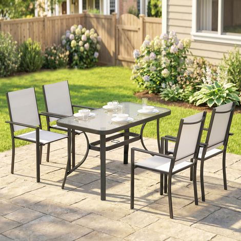 Ensemble jardin 5 pièces 4 chaises empilables table verre trempé trou parasol, gris clair