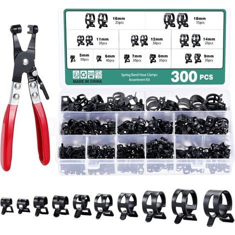 300 Pièces Collier de Serrage à Ressort, 10 Tailles 5-18mm Clips à Ressort, Serre-Joints pour Tuyaux et Conducteurs de Carburant