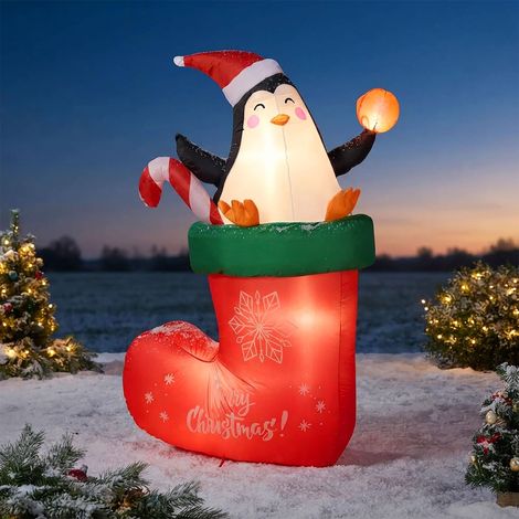 XL Nikolaus Stiefel selbstaufblasend mit LED Beleuchtung - 178 x 110 cm - Riesen Weihnachts Socke mit Pinguin mit bunten LEDs für Außen und Innen