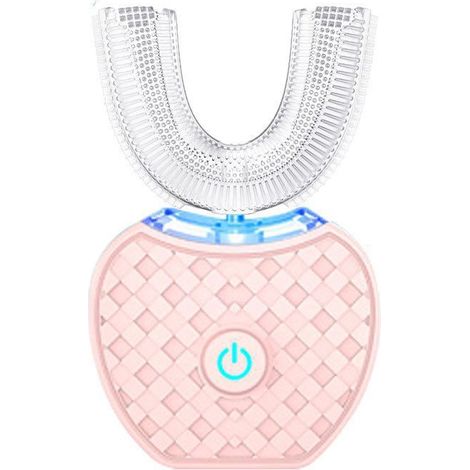 Brosse à dents électrique rechargeable rose en forme de U avec blanchiment par lumière bleue-AquaForge