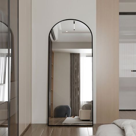 Specchio arcuato a tutta lunghezza 180×80 cm - cornice sottile nera, da terra o da parete, vetro ad alta definizione
