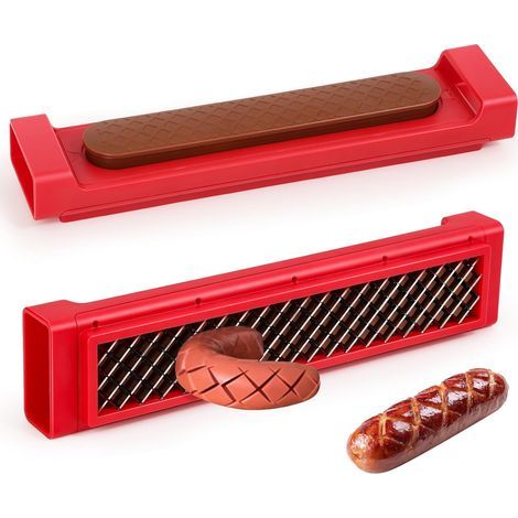 Outil de coupe Hot Dog - Pop-Out Hot Dog Slicer Criss Cross, lames en acier inoxydable, convient pour la cuisine, le grill, Tailgating, le camping et la cour arrière BBQ extérieur - 11 pouces - rouge