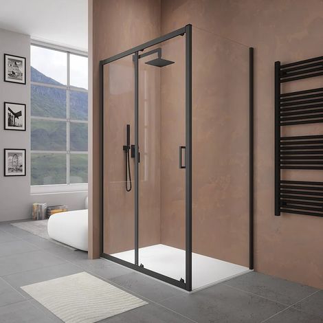 Cabine de douche 110 x 90 cm porte coulissante en verre transparent de 6 mm profilés noirs mats h 185 Tonga (1/4)