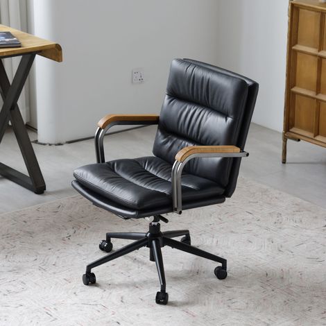 Sedia da scrivania per home office, sedia ergonomica in pelle con ruote e braccioli in rovere, sedia girevole regolabile in altezza per dirigenti (1/5)