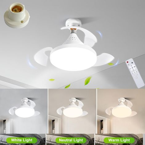 LED Ceiling Fan with Remote Control and E27 Bulb Holder, Retractable Blades, 3 Wind Speeds, 3 Color Temperatures, 38cm, White.