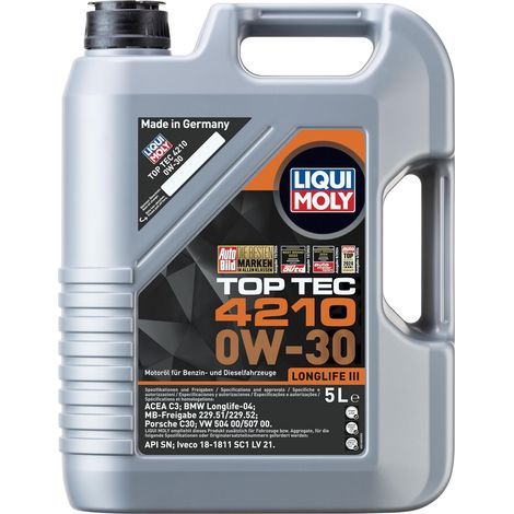 Huile moteur Top Tec 0W-30 ACEA C3 API SN 4210 5 L Compatible avec VW Golf 7 3/5 portes 5G1, BQ1, BE1, BE2 Golf 4 3/5 portes 1J1 Golf 5 3/5 portes 1K1 Golf 6 3/5 portes 5K1, BMW (1/5)