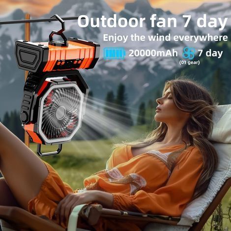20000mAh Ventilateur de Camping, Ventilateur Portable Rechargeable 4 Vitesses, Ventilateur USB Silencieux avec Lumière LED, Télécommande et Crochet,orange (1/4)