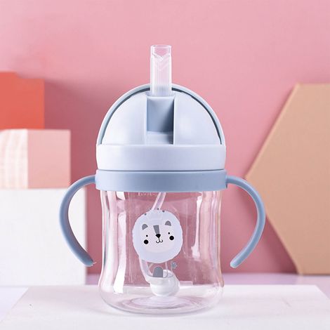 Auslaufsicherer 250-ml-Becher mit beschwertem Strohhalm und Griffen, blaues Tiermotiv für Kinder (1/5)