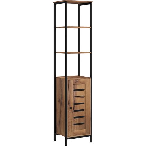 Colonne de salle de bain étroite avec porte à lattes, étagères réglables, compartiments ouverts, 37 x 30 x 167 cm, marron rustique