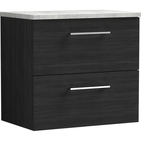 Nuie Arno Wall Hung 2-Drawer Vanity Unit with Bellato Grey Worktop 600mm Wide - Black Woodgrain (1/5)